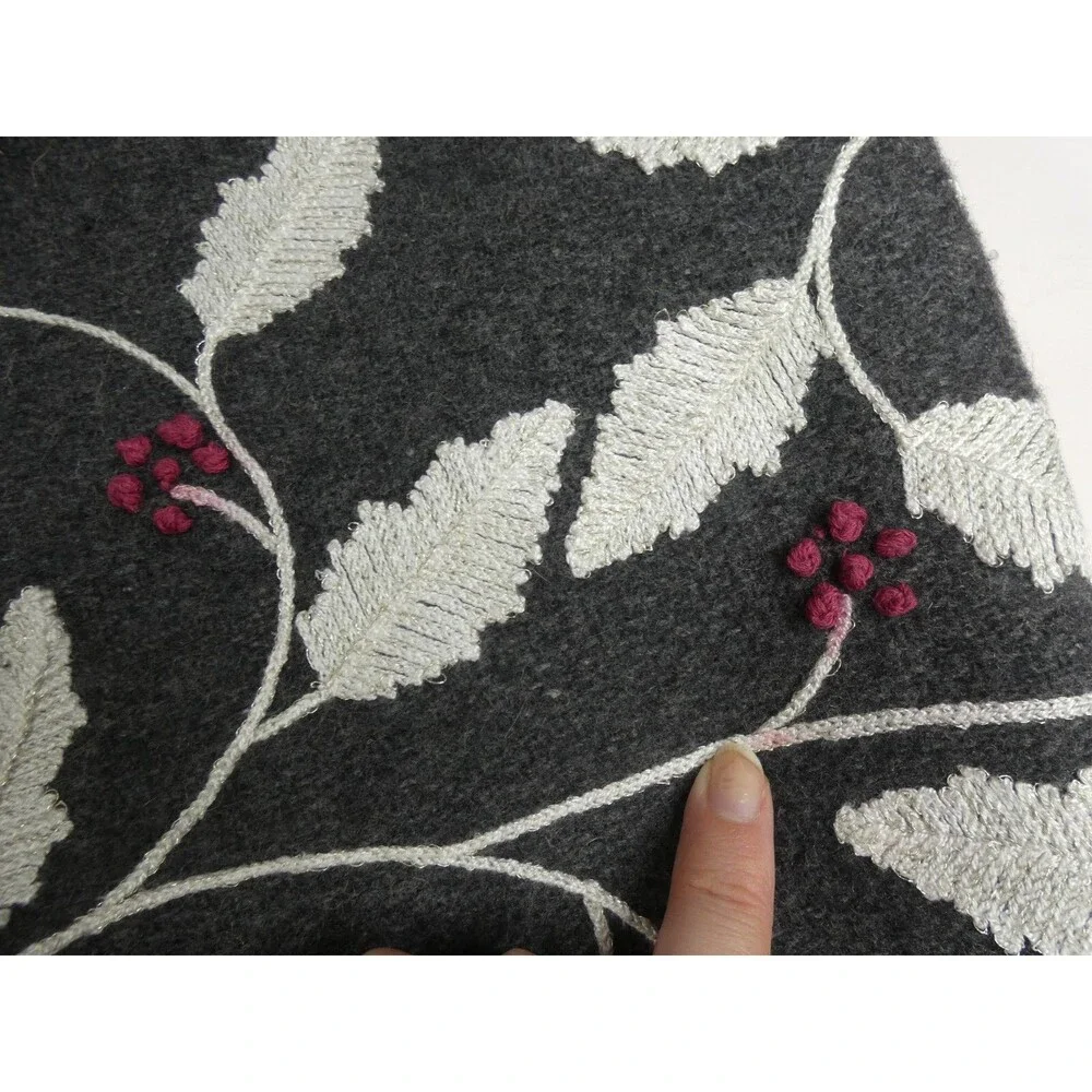 Nicole Miller Home Wool Blend Table Runner Grey Leaf Berry Embroidered 69
